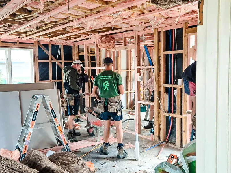 Interior frmaing on house that is getting repaired by the Greenfield Construction builders