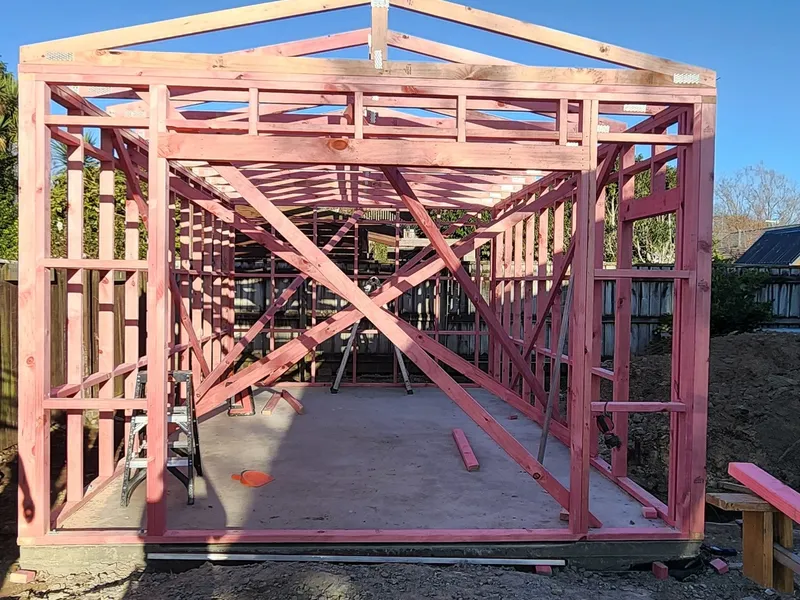 The framing for a new garage build constructed by Greenfield Construction