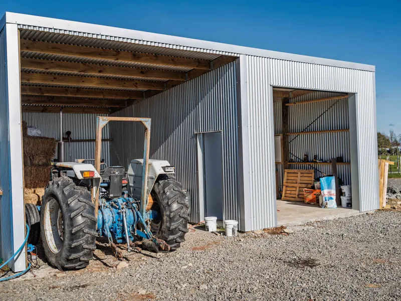 Pole shed built for lifestyle block with protection for tractor, hay and workshop