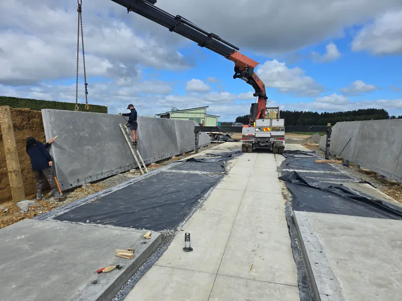 Wall panels being lifted into place for the concrete walls of silage bunker